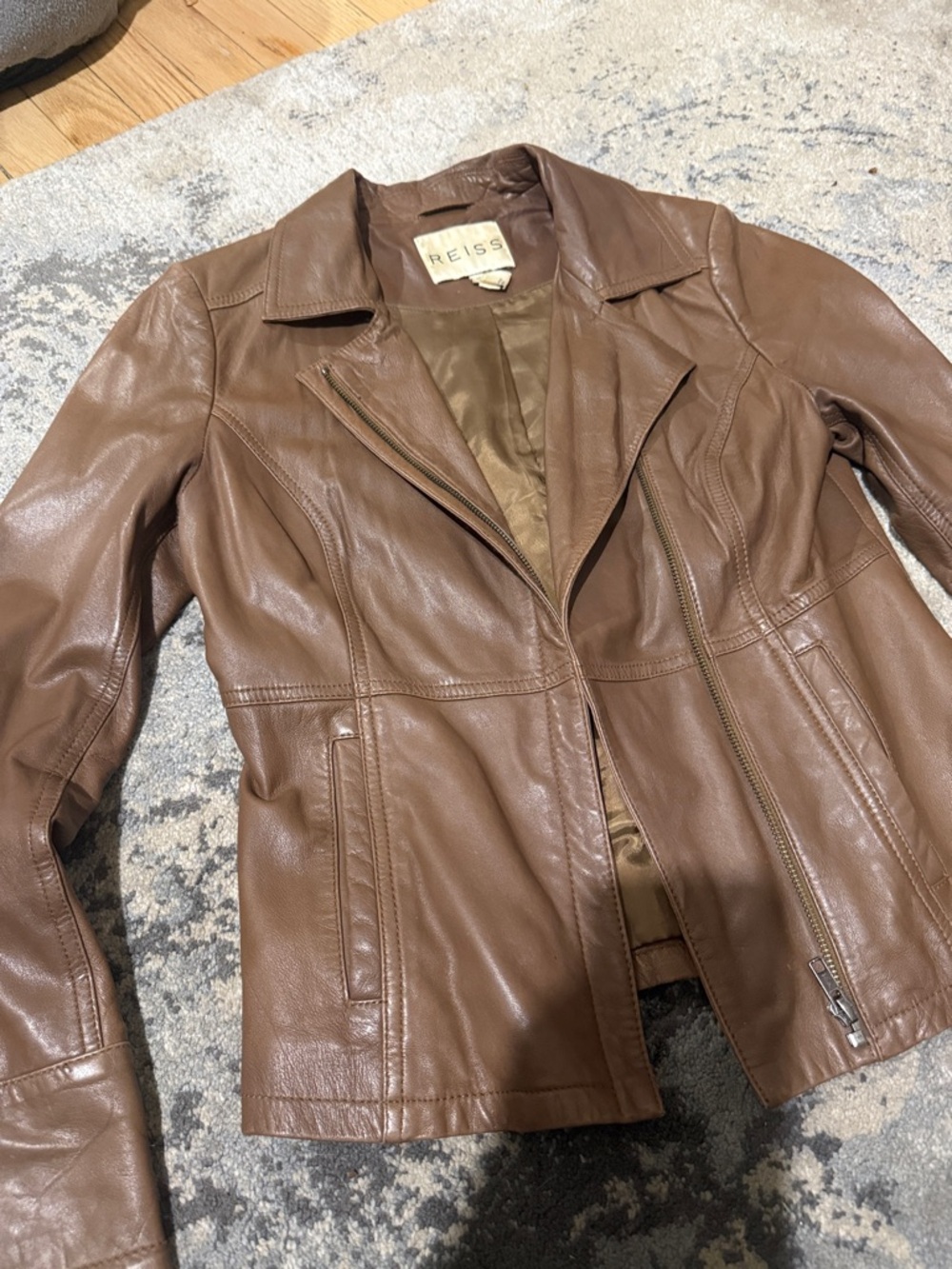 Reiss Brown Genuine Leather Zip-Front Women's Jacket